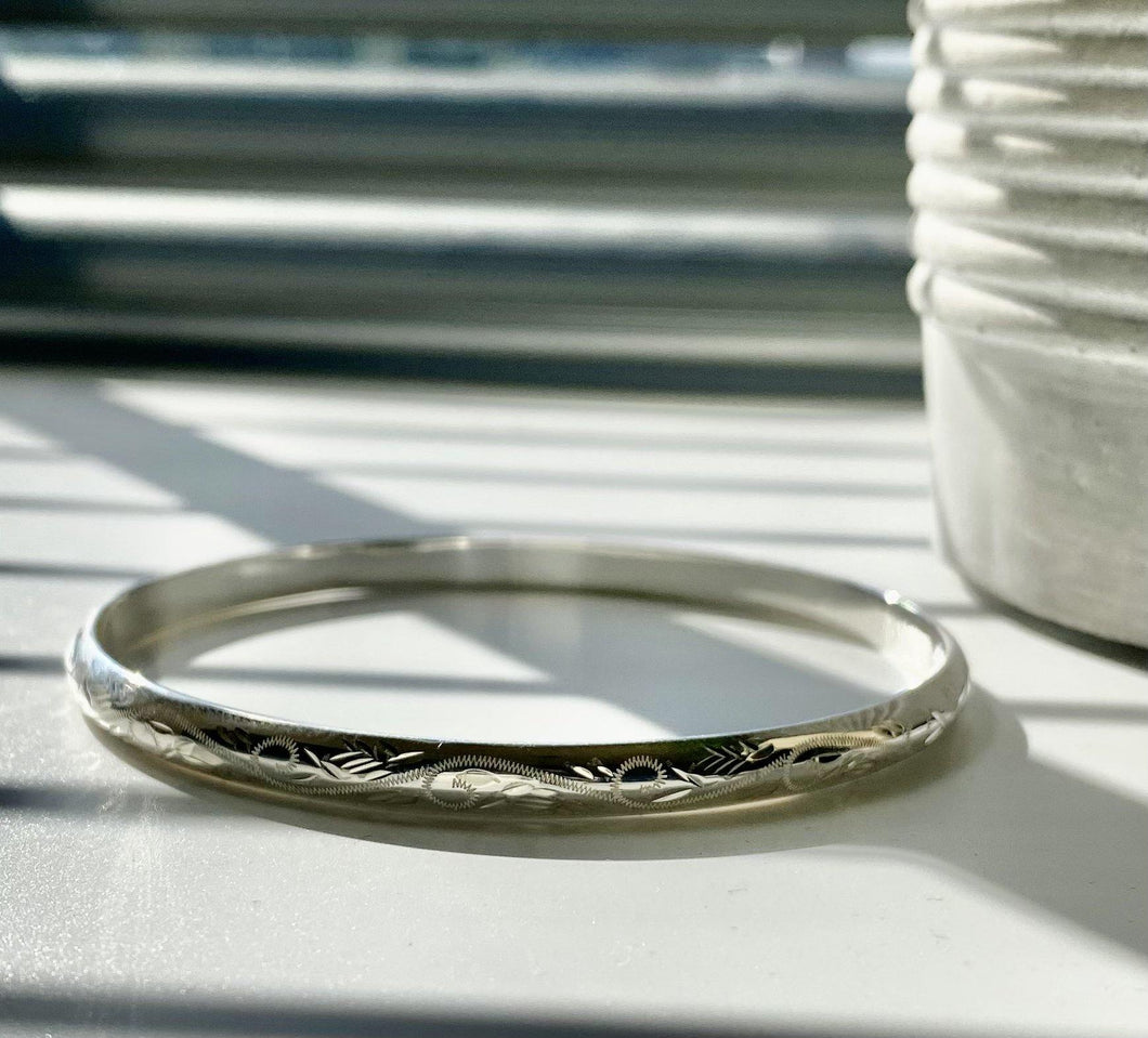 Silver Engraved Patterned Bangle - Silvary 